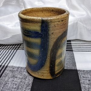 Vintage handmade Ceramic brown & blue abstract rustic Vase in EUC